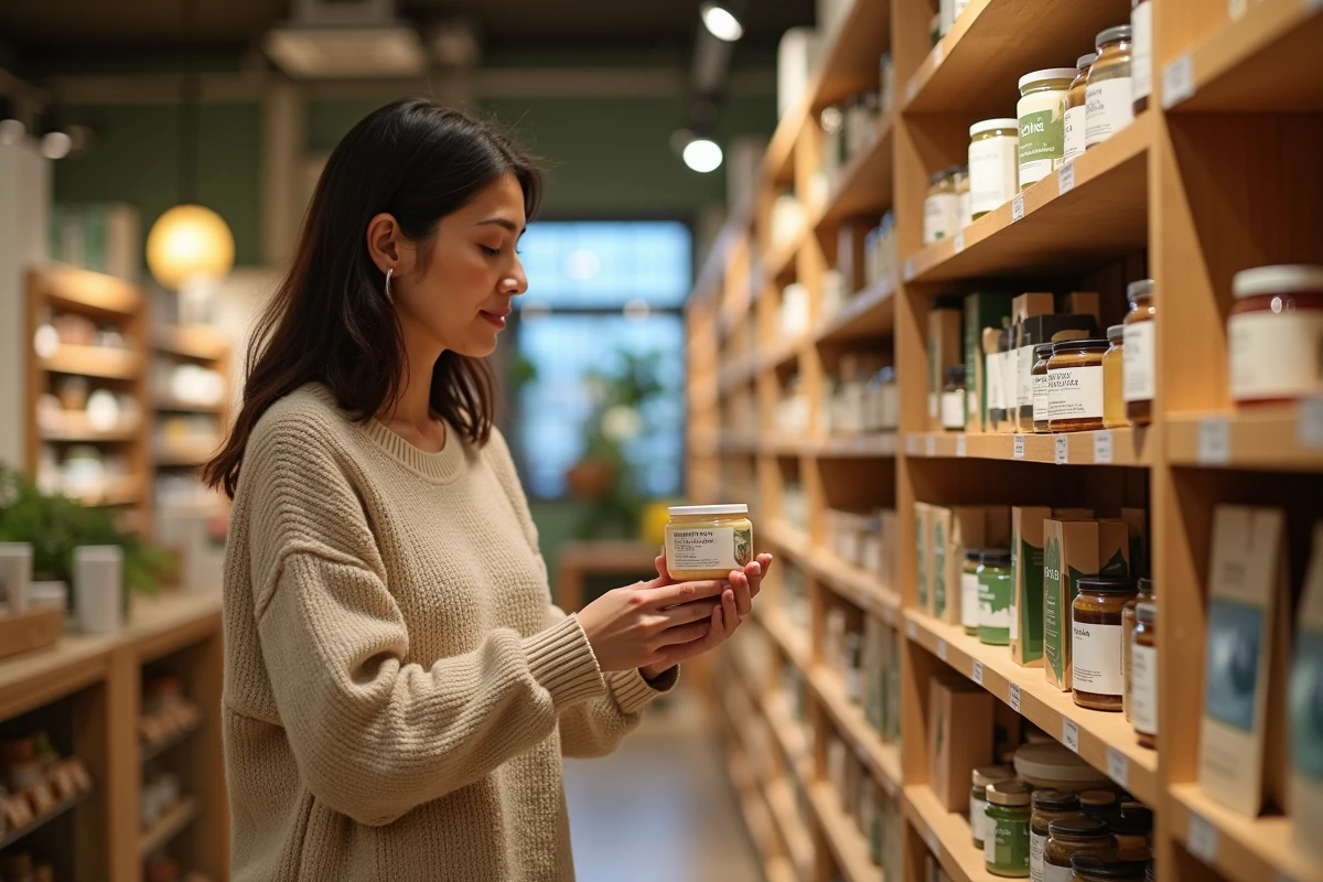 Femme comparant des produits cosmétiques naturels Comme Avant en épicerie bio, choix éclairé grâce aux avis consommateurs