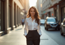 Femme confiante avec silhouette en poire en extérieur