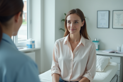 Femme calme en consultation médicale dans un cabinet moderne