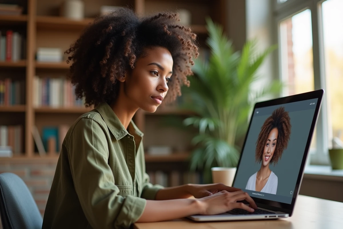 Femme aux cheveux bouclés testant virtuellement une coupe de cheveux sur ordinateur portable