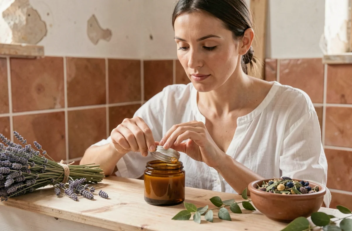 Femme examinant un pot de crème bio La Provençale dans une salle de bain rustique avec lavande et carrelage en terre cuite