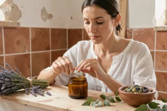 Femme examinant un pot de crème bio La Provençale dans une salle de bain rustique avec lavande et carrelage en terre cuite
