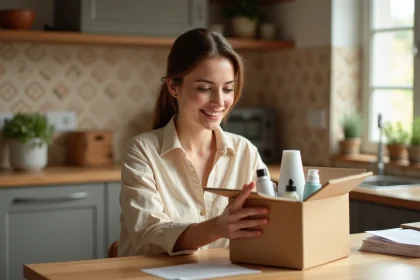 Femme déballant une livraison Primor à domicile dans une cuisine moderne