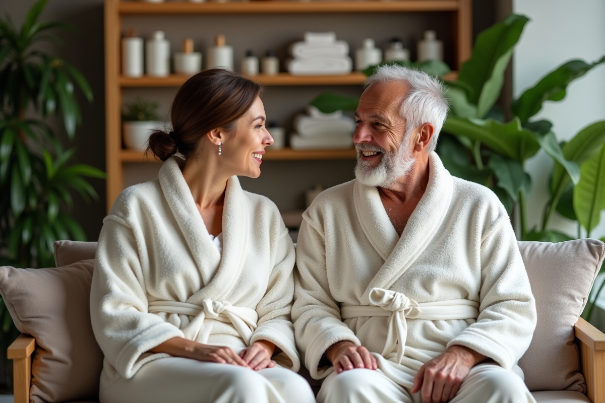 Femme d'âge moyen et homme âgé dans un spa relaxant