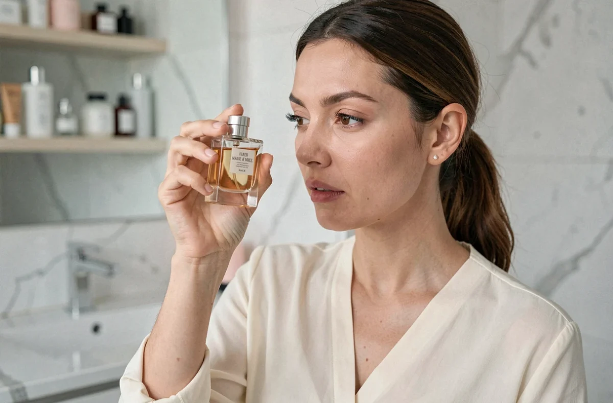 Femme examinant un flacon de parfum de luxe avant de l'acheter en ligne