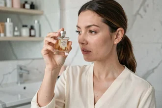 Femme examinant un flacon de parfum de luxe avant de l'acheter en ligne