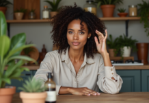 Récupérer de la masse capillaire : solutions efficaces et naturelles Femme appliquant une huile naturelle sur le cuir chevelu dans une cuisine chaleureuse