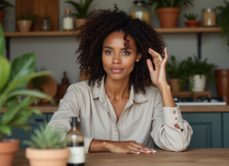 Récupérer de la masse capillaire : solutions efficaces et naturelles Femme appliquant une huile naturelle sur le cuir chevelu dans une cuisine chaleureuse