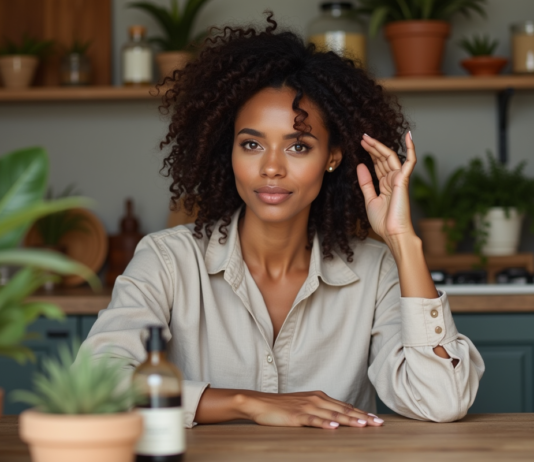 Récupérer de la masse capillaire : solutions efficaces et naturelles Femme appliquant une huile naturelle sur le cuir chevelu dans une cuisine chaleureuse