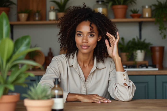 femme-huile-capillaire-naturelle Femme appliquant une huile naturelle sur le cuir chevelu dans une cuisine chaleureuse