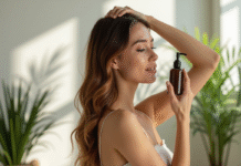 Jeune femme aux cheveux hydratés appliquant un soin capillaire