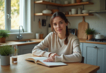 Femme en cuisine faisant son journal quotidien