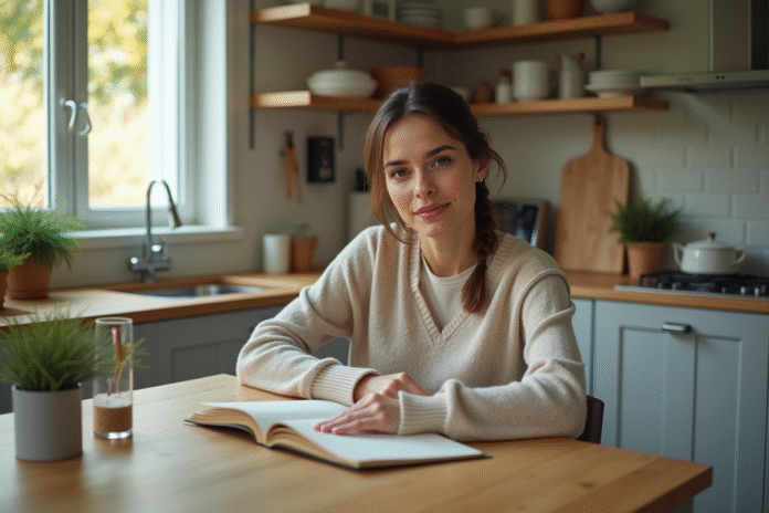 Femme en cuisine faisant son journal quotidien