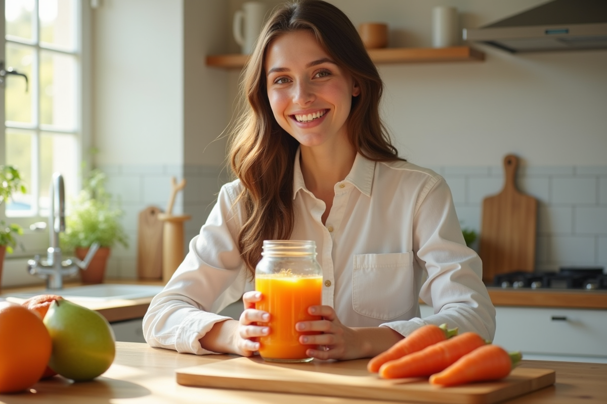 Jeune femme dans la cuisine tenant un verre de jus orange et carotte