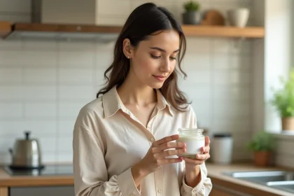 Femme lisant attentivement l'étiquette d'un soin Comme Avant dans une cuisine moderne, analyse des ingrédients naturels