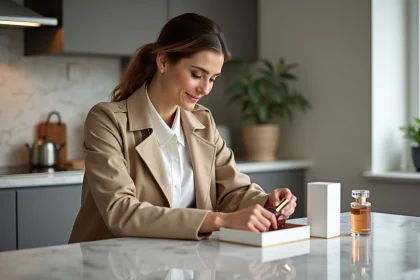 Femme élégante déballant un parfum dans une cuisine moderne