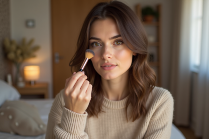 Femme appliquant highlighter sur ses joues dans une chambre cosy