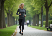 Marche pour maigrir : quelle vitesse adopter ? Femme en leggings dans un parc urbain verdoyant