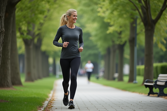femme-marche-parc-urbain Femme en leggings dans un parc urbain verdoyant