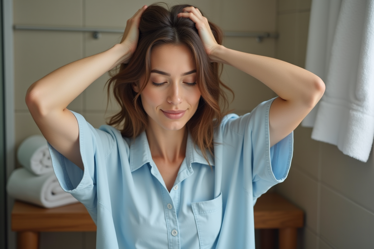 Femme se massant le cuir chevelu dans une salle de bain chaleureuse