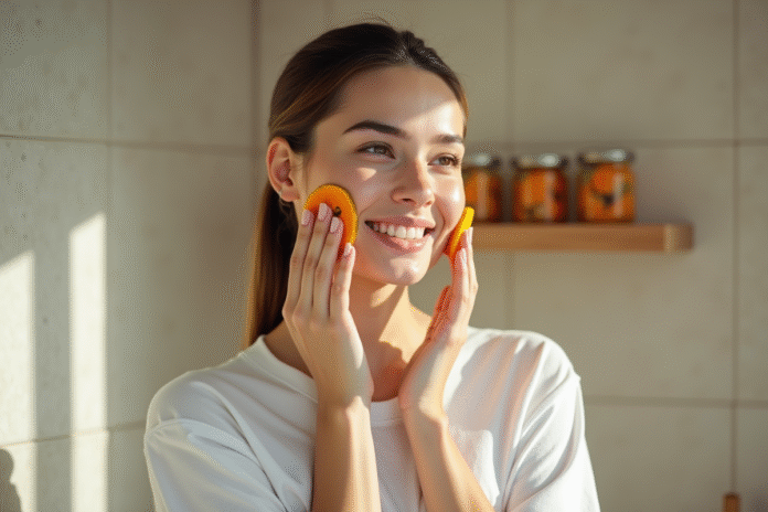 Femme souriante se massant le visage avec des tranches de papaya
