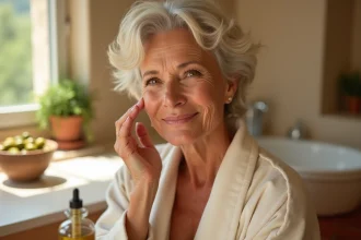 Femme mature appliquant de l'huile d'olive sur sa peau pour lutter contre les rides naturellement