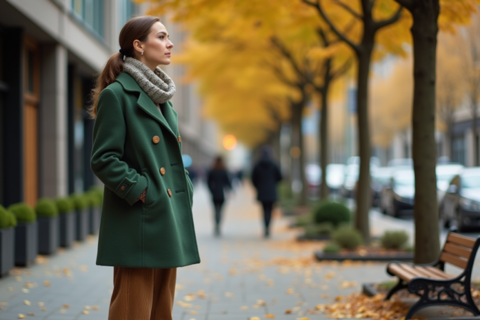 femme-mode-automne Femme élégante en manteau vert dans une rue automnale