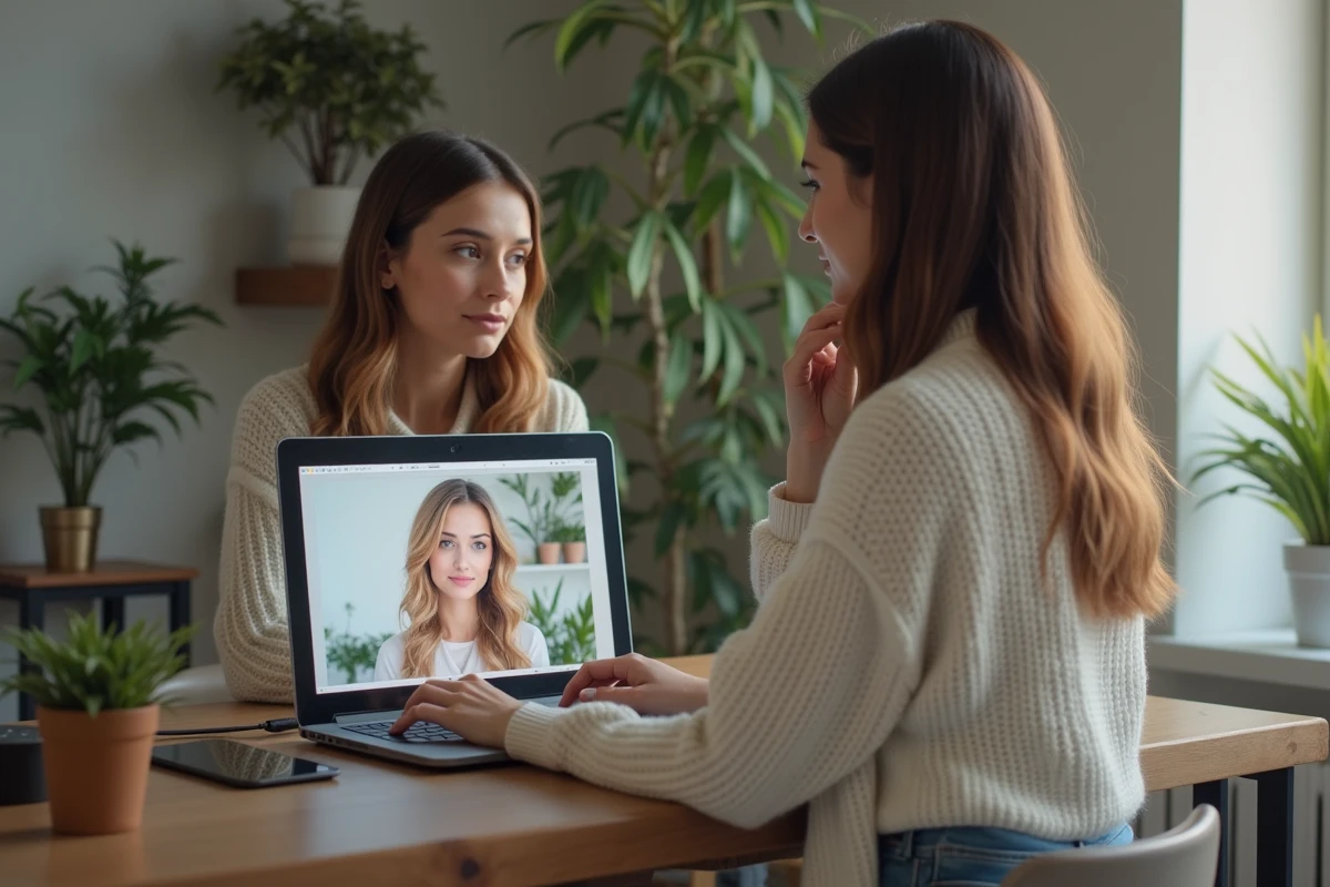 Femme examinant une interface de coiffure virtuelle sur son ordinateur