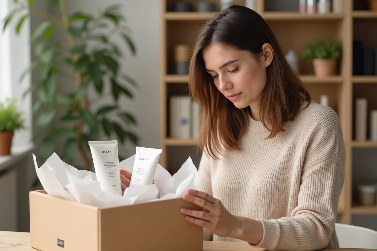 Femme ouvrant un colis Space NK à son bureau, vérifiant sa commande de produits de beauté reçue à domicile