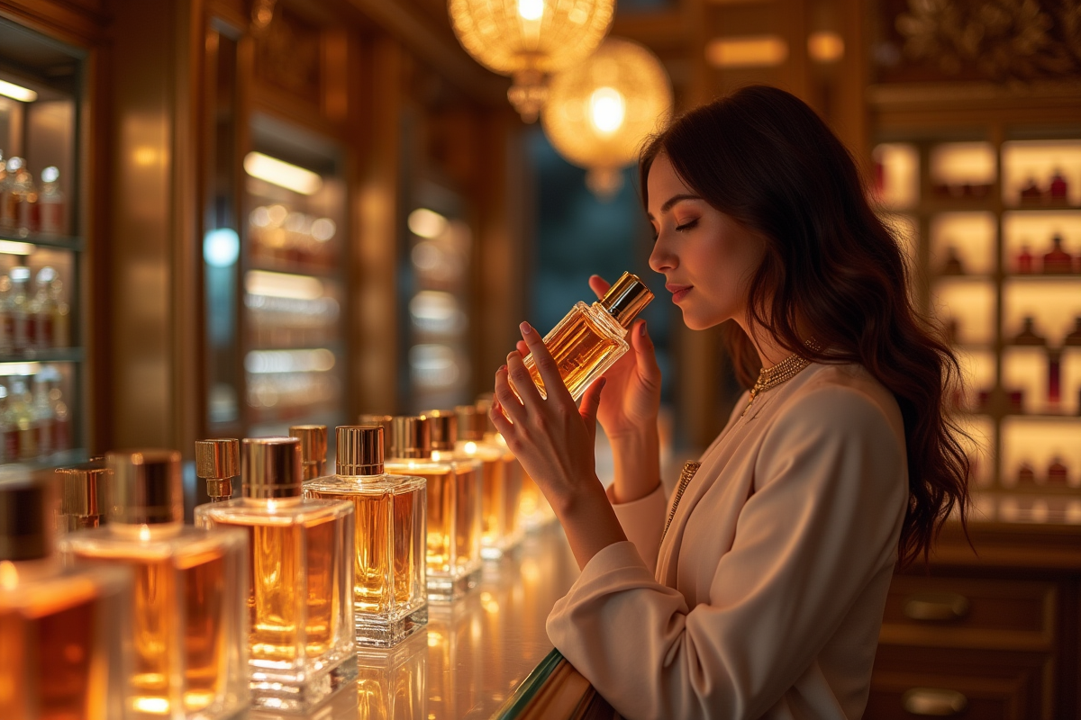 Femme élégante dans une boutique de parfum haut de gamme en train de sentir un flacon
