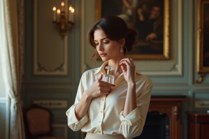 Femme élégante avec parfum cristal dans un appartement parisien