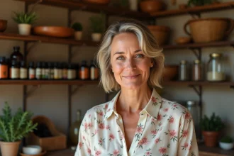 Femme mature préparant des remèdes naturels dans une cuisine rustique avec herbes et huiles essentielles