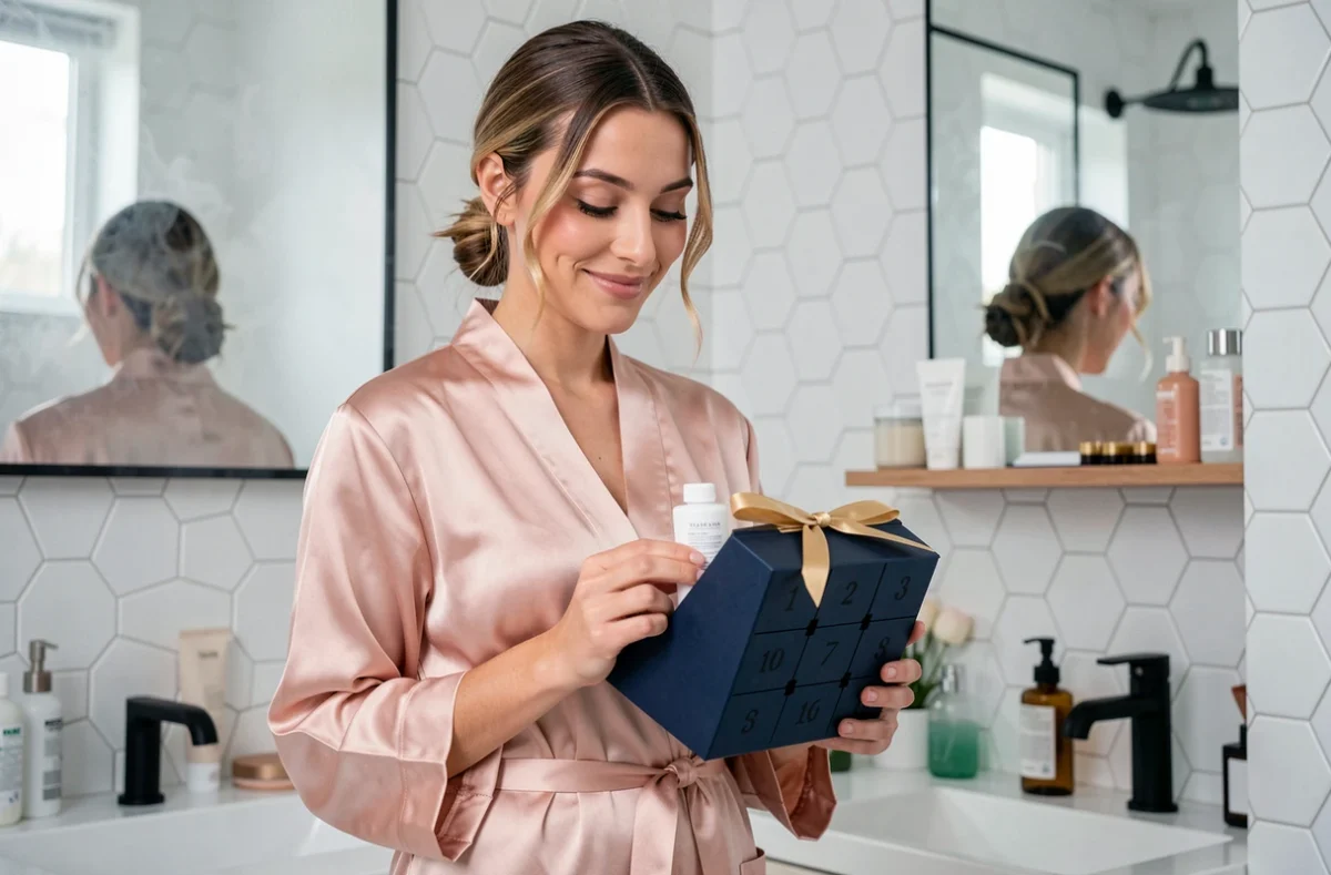 Femme en robe satin découvrant un calendrier de l'avent beauté dans une salle de bain moderne et épurée