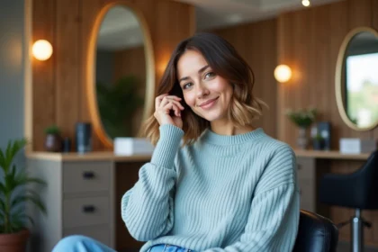 Femme souriante avec coupe moderne dans un salon élégant