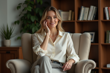 Femme souriante assise dans un salon élégant et cosy
