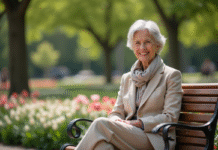 Mode femme senior: conseils pour s’habiller avec style après 60 ans Femme senior élégante assise dans un parc ensoleille