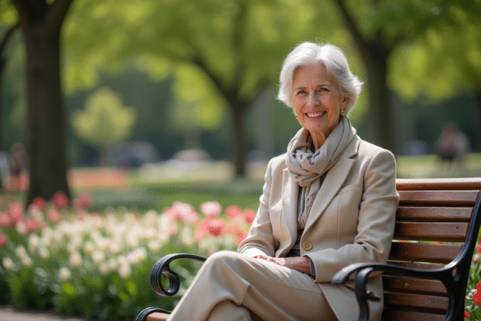 femme-senior-park-elegant Femme senior élégante assise dans un parc ensoleille