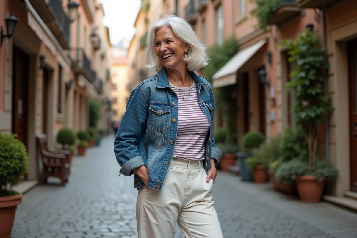 Femme senior souriante en rue pavée en Europe