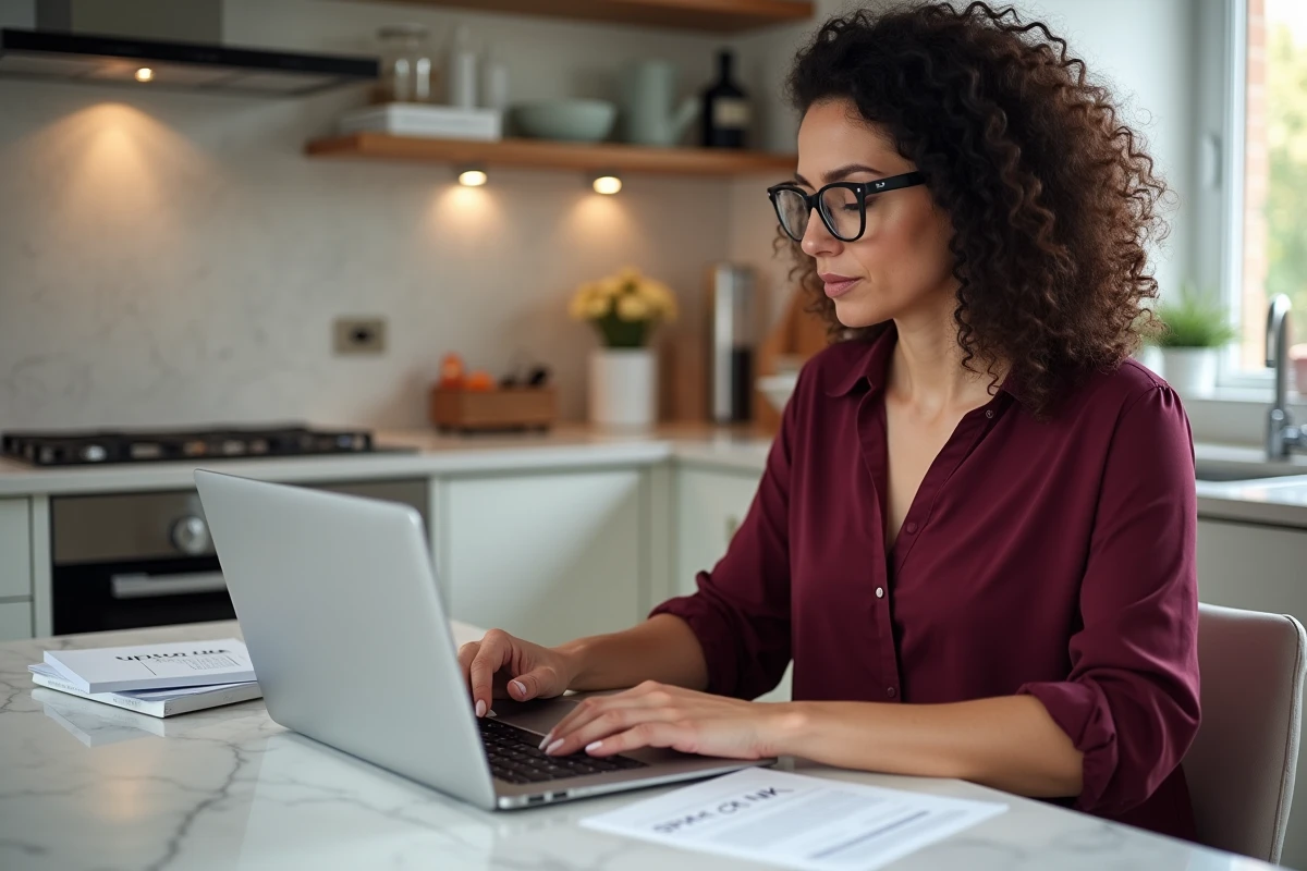 Femme contactant le service client Space NK par email pour résoudre un problème de commande depuis sa cuisine