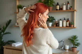 Femme aux cheveux colorés appliquant un shampooing naturel dans sa salle de bain