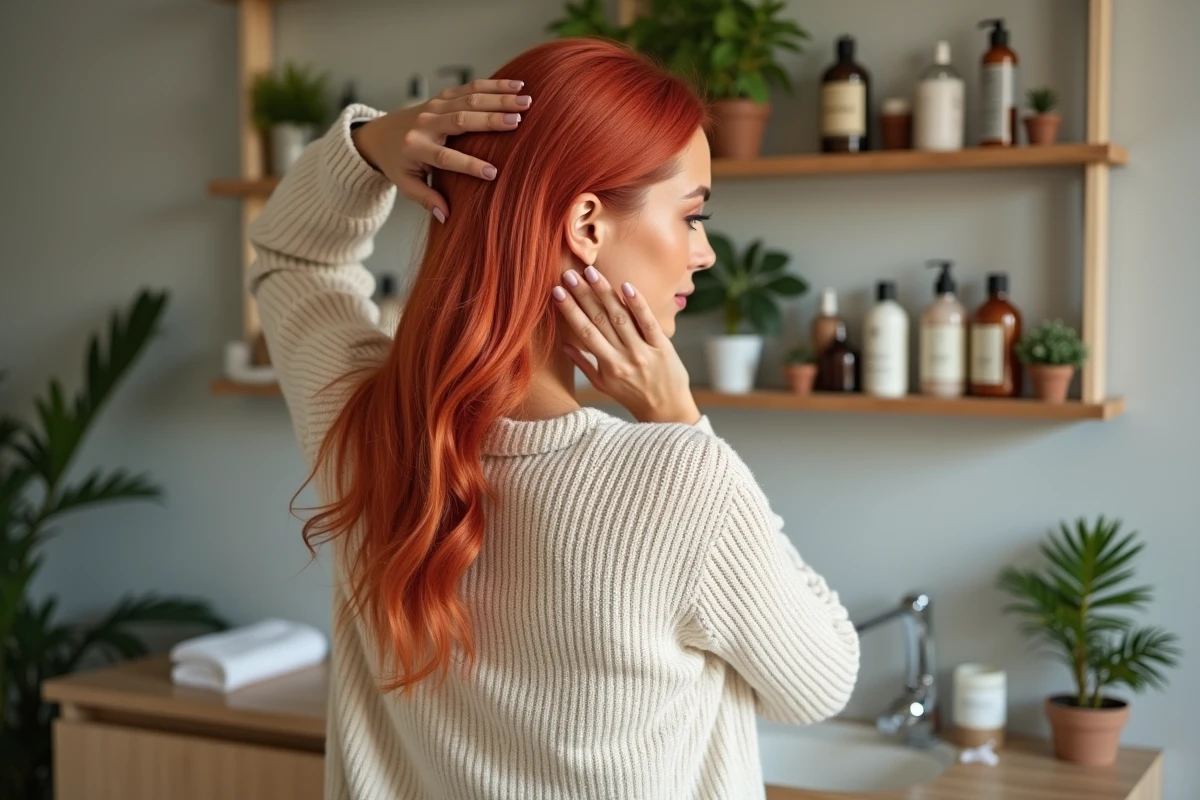 Femme aux cheveux colorés appliquant un shampooing naturel dans sa salle de bain