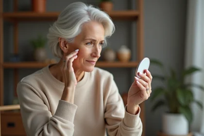 Femme élégante en cashmere appliquant du maquillage