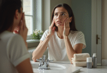 Effets secondaires yoga du visage : quels risques pour la peau ? Femme se regardant dans le miroir en train de masser son visage