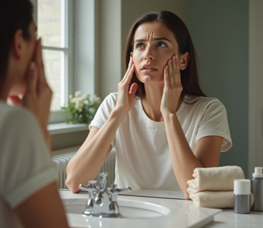Effets secondaires yoga du visage : quels risques pour la peau ? Femme se regardant dans le miroir en train de masser son visage