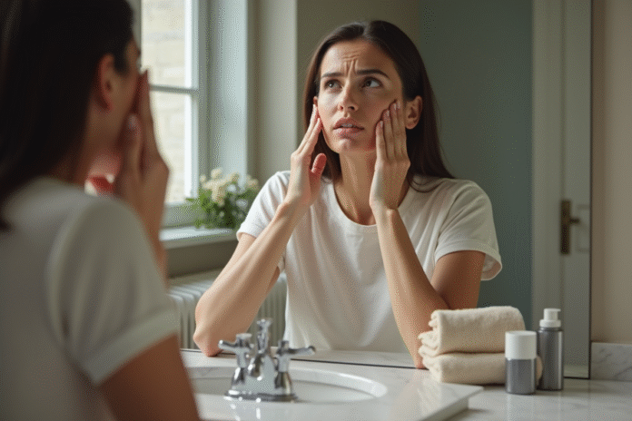 Femme se regardant dans le miroir en train de masser son visage