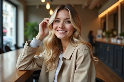 Femme souriante aux cheveux blonds longs dans un salon parisien