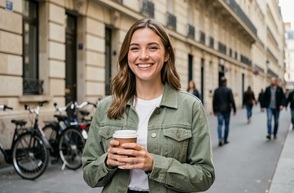 Jeune femme souriant en pleine rue à Paris après son expérience de traitement dentaire The Smilist