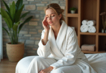 Femme en robe blanche se relaxant dans un spa intérieur