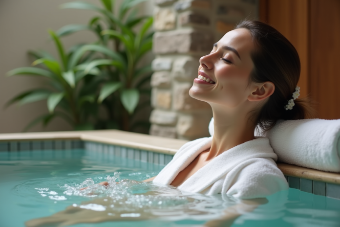 Femme détendue dans un spa avec robe blanche et ambiance naturelle