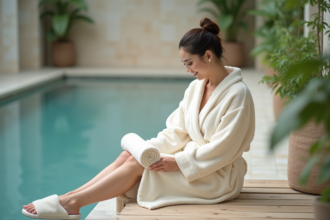 Femme en robe de spa ivoire et pantoufles confortables